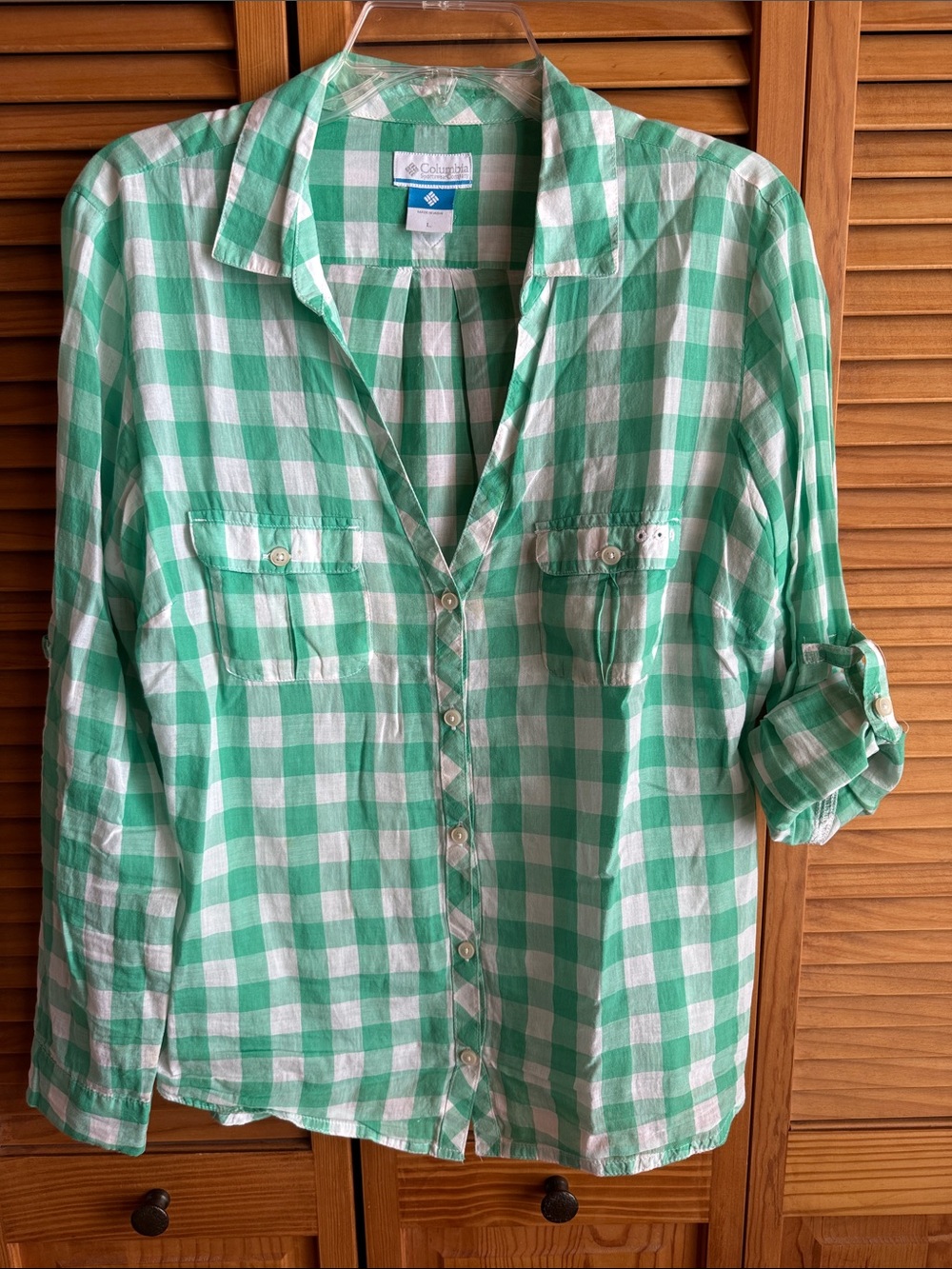 Columbia Mint Green and White Check Button-Down Shirt